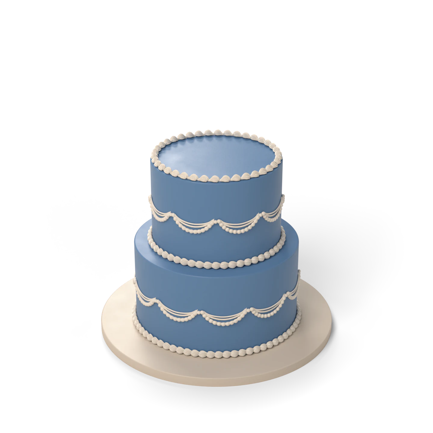 Two tiers in deep blue icing with white beaded swags.