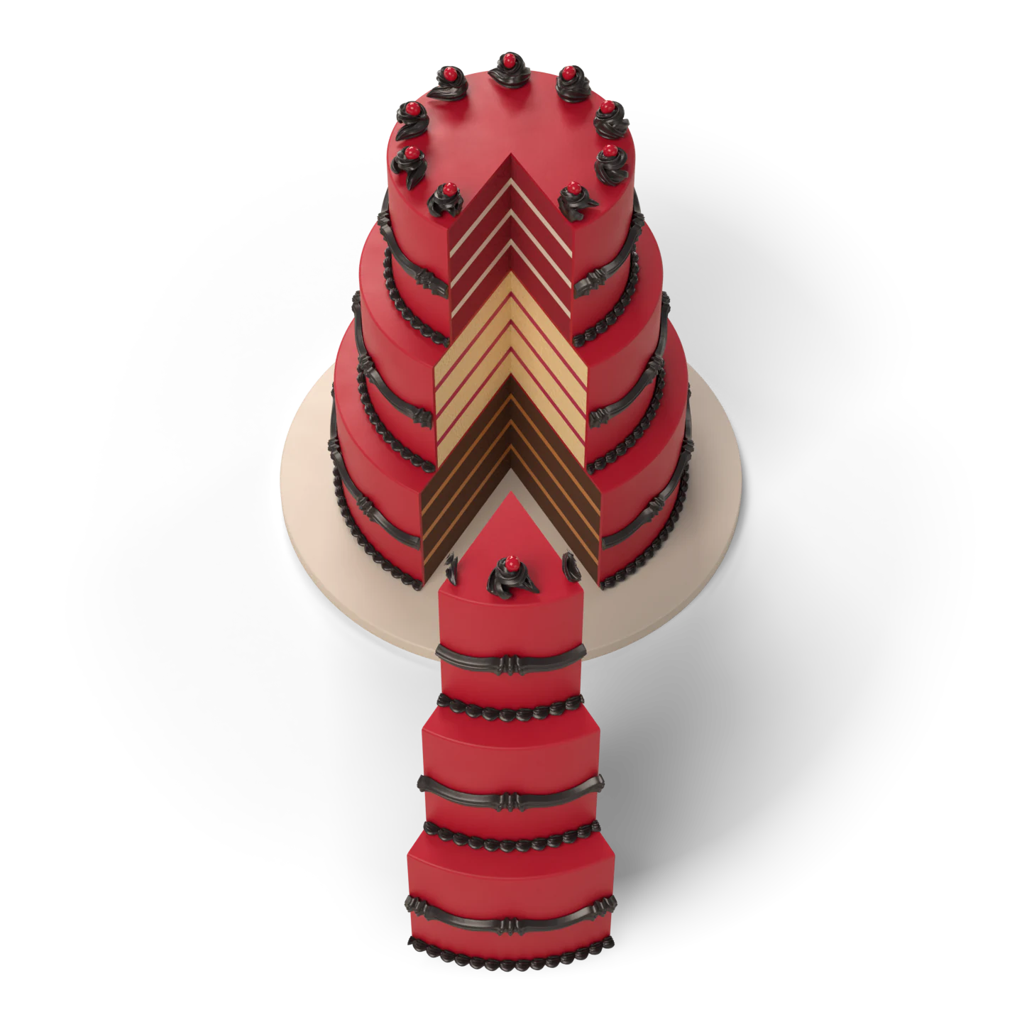 The red cake with a 60 degree slice slid out toward you, showing red velvet, vanilla and chocolate tiers and their fillings inside.