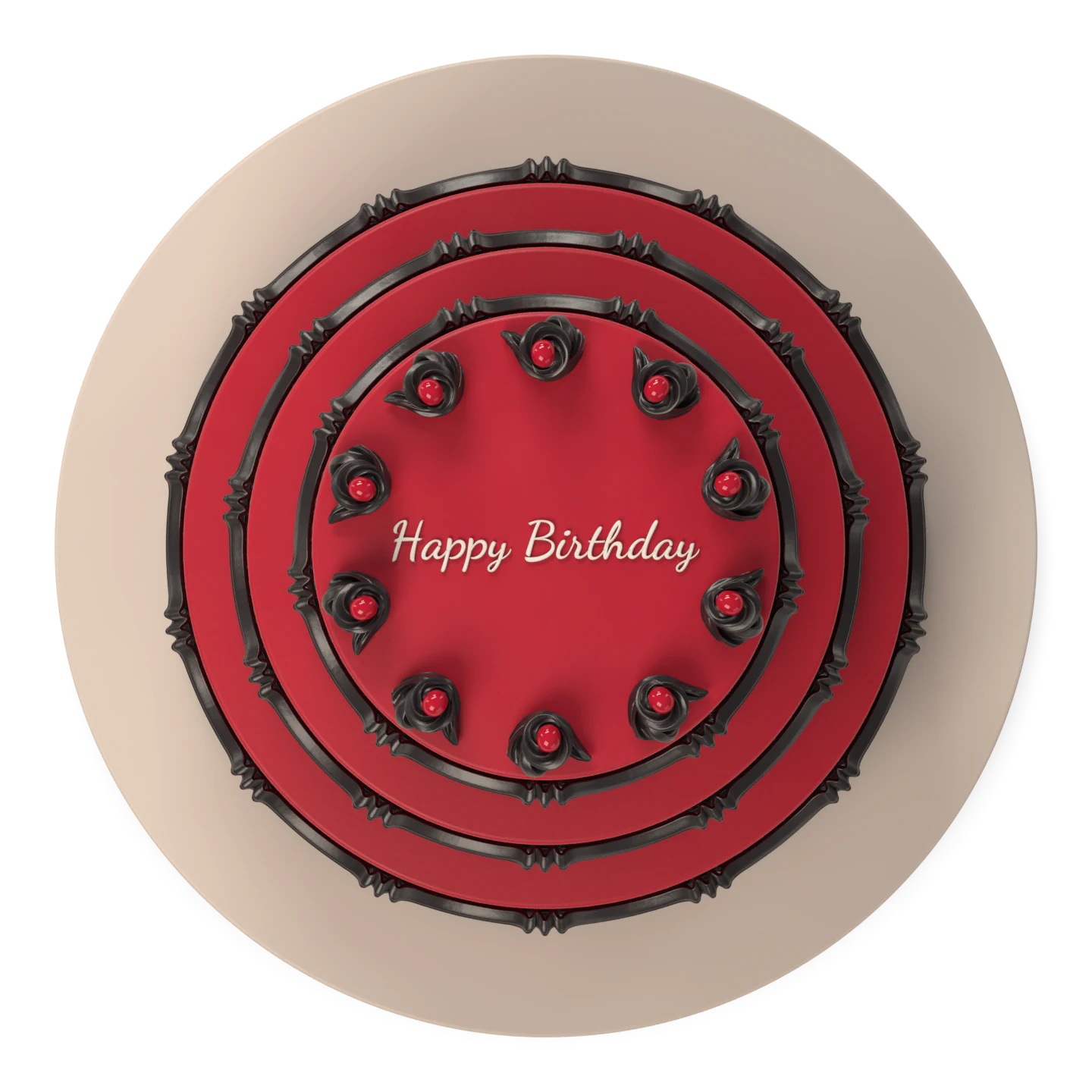 The red cake from above with Happy Birthday piped in white.