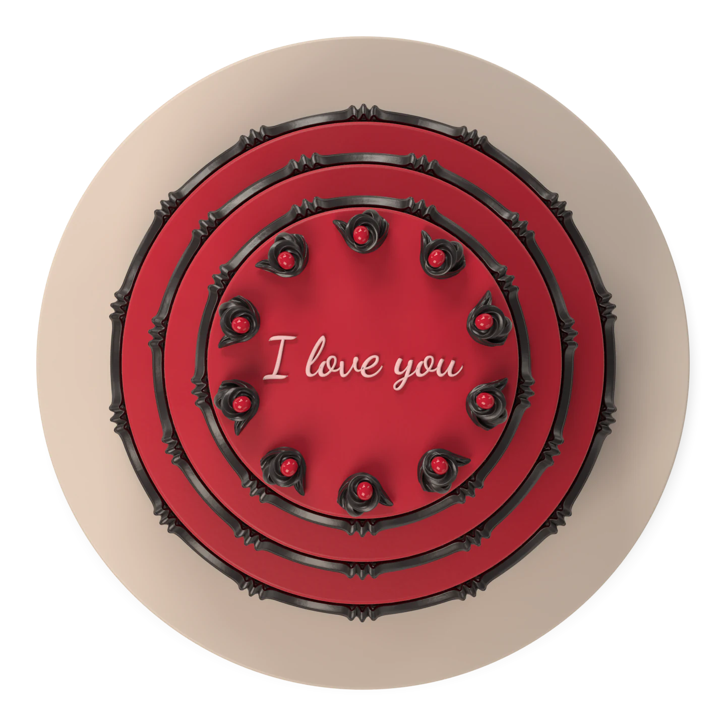 The red cake from above with I love you piped in blush.