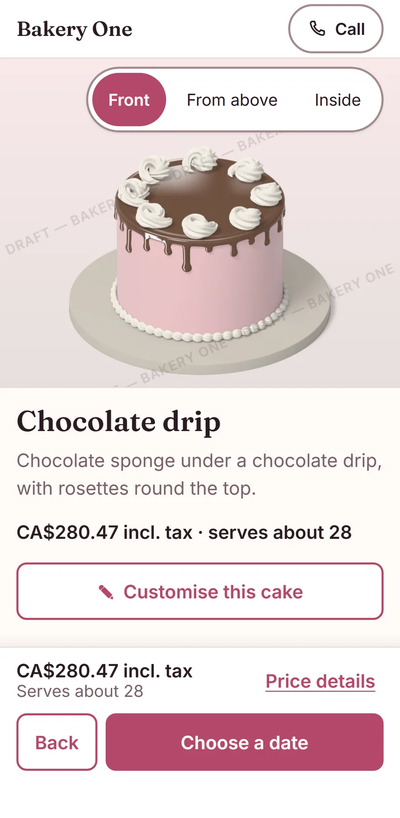 A cake page on a phone showing the Front picture of a chocolate drip cake.
