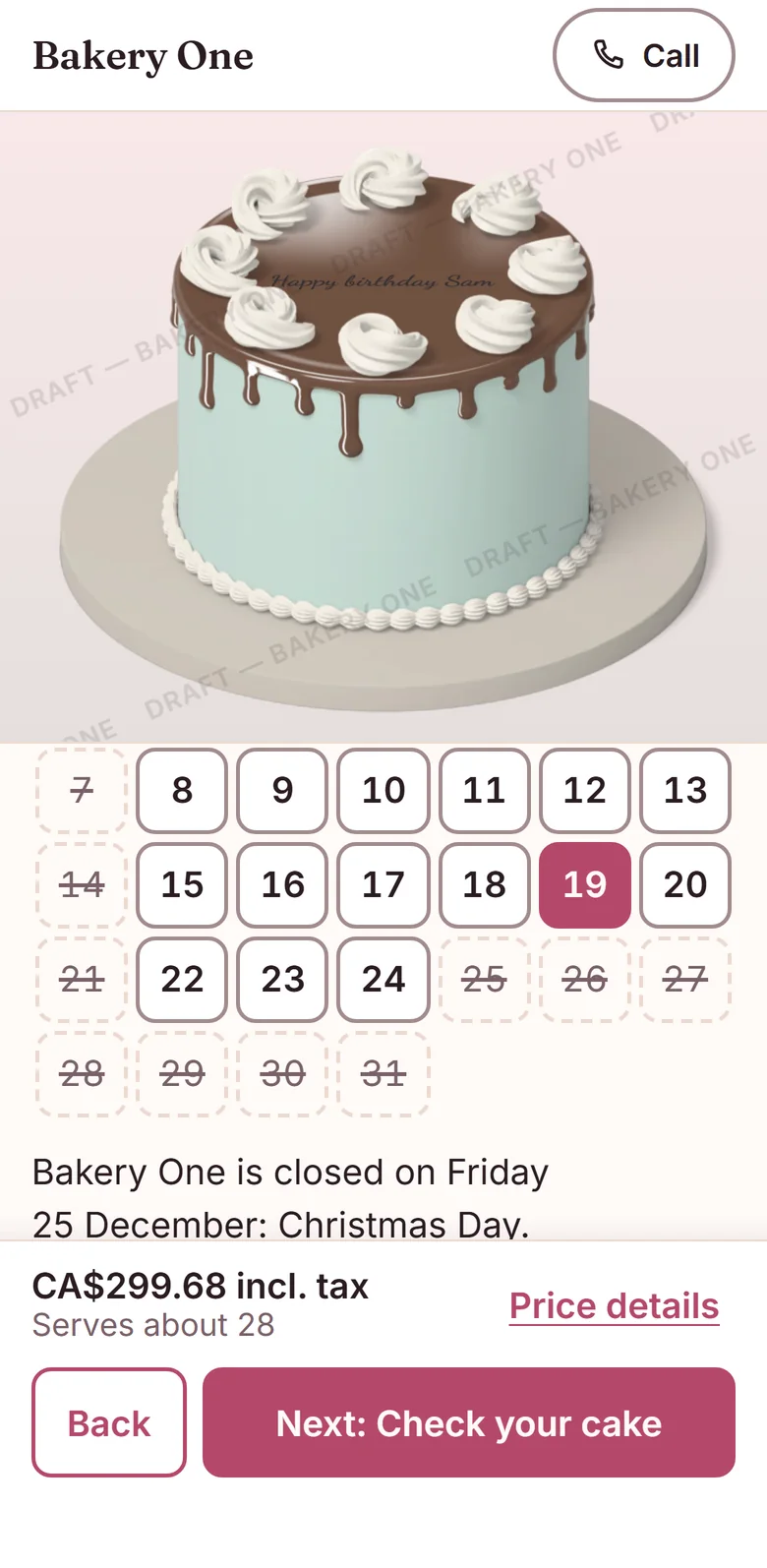 The date screen for a sample bakery: a calendar with closed days struck through, the 19th selected, and a sentence saying the bakery is closed on Friday 25 December for Christmas Day.