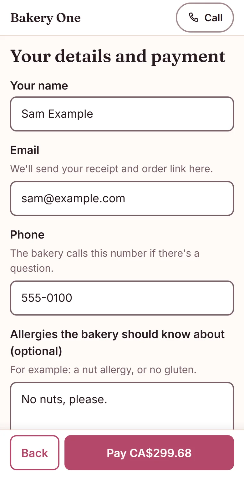 The details and payment screen: name, email, phone and an allergy note, with a Pay CA$299.68 button.