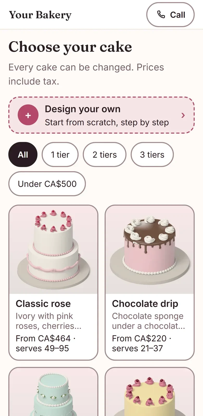 An example ordering site named Your Bakery in berry and ivory with a classic serif.
