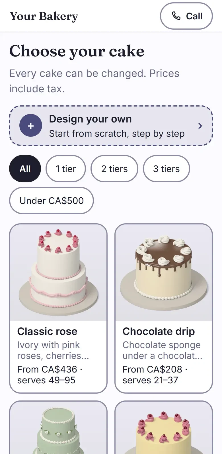 An example ordering site named Your Bakery in indigo on a pale lilac background.